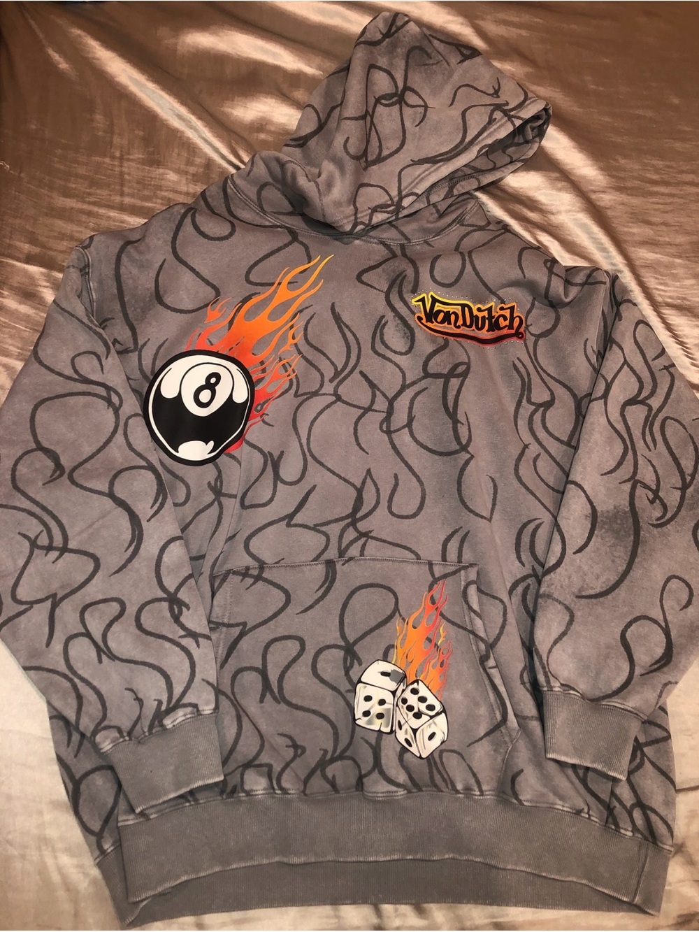Von Dutch Hoodie Gray with Flame Dice & 8-Ball